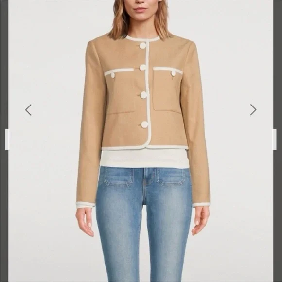 Veronica Beard Beale Contrast Detail Cotton Blend Tweed Jacket in Khaki Size 14 - Picture 1 of 14